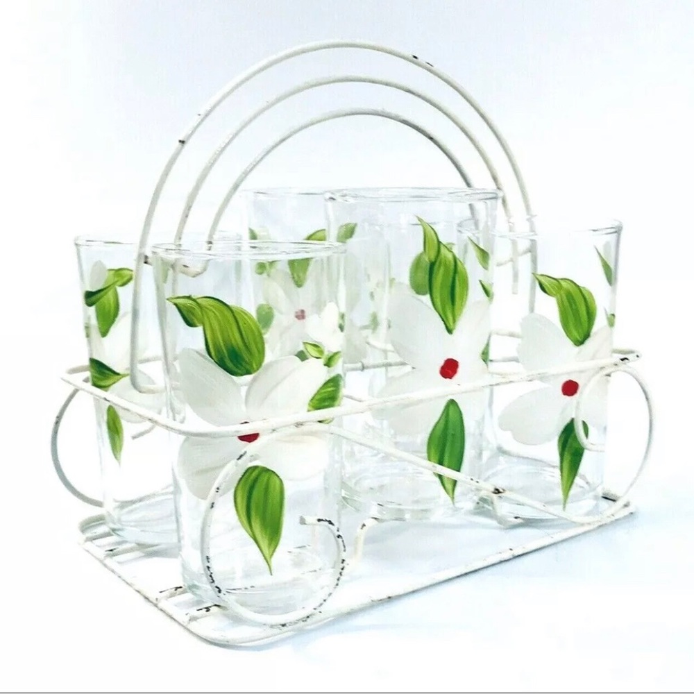 6 Federal Glass Hand Painted Magnolia Flower Glasses in Caddy Carrier MCM
